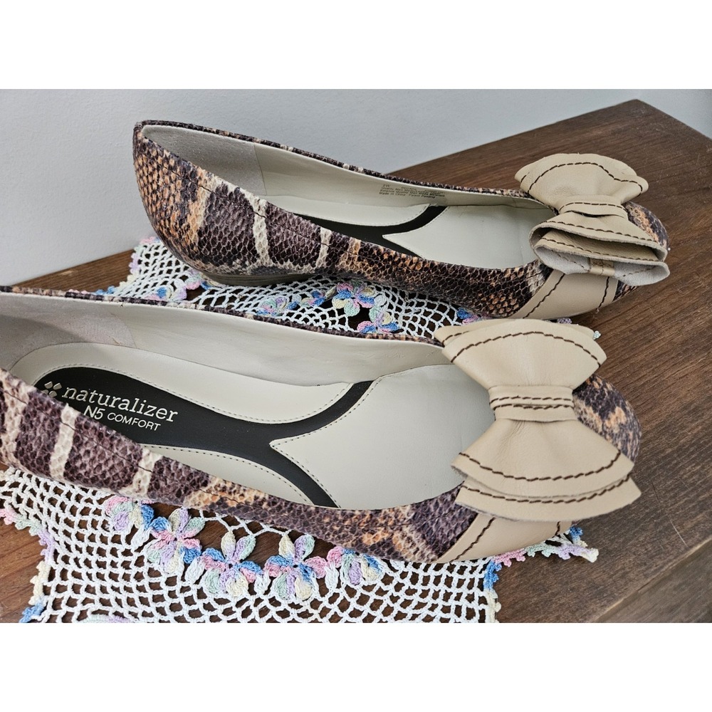 Naturalizer Flats 8W Brown Snakeskin Look Leather Decade Bow N5 Comfort Neutral - Picture 5 of 16